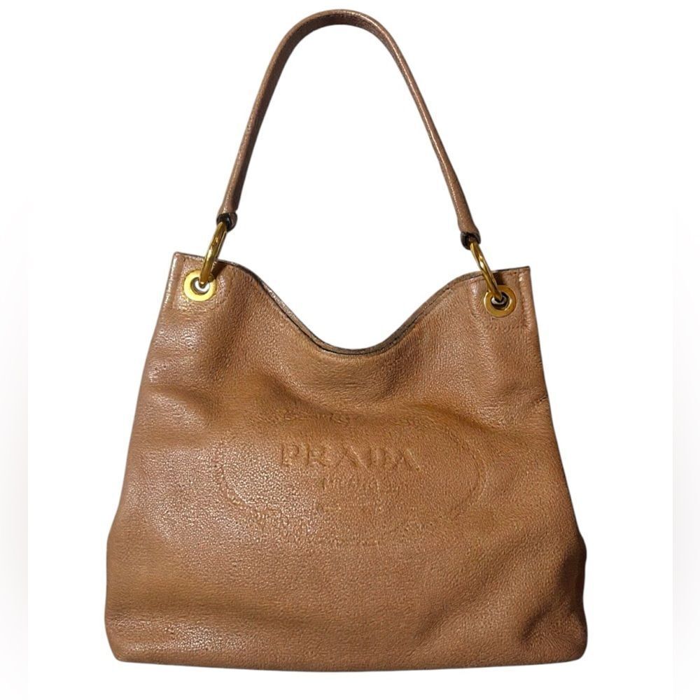 PRADA Brown Vitello Deerskin Phenix Heritage Logo Hobo Tote Shoulder Bag Auth
